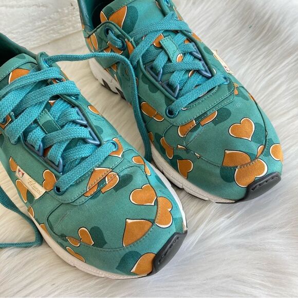 GUCCI. TEAL green Heart Satin Silk Monogram Sneakers Ace Princetown oxfords 36.5 - Picture 8 of 13